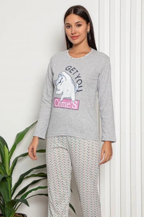 Pijama dama bumbac, confortabila, cu imprimeu Get you, gri [3]