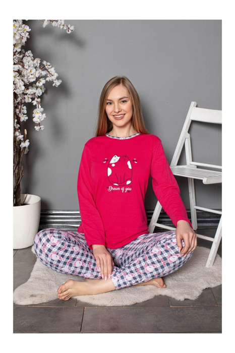 Pijama dama bumbac, confortabila, cu imprimeucool cat, vernil 807, embody.ro [2]