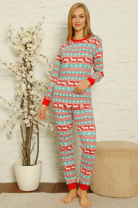Pijama dama bumbac, motiv Craciun, confortabila rosu verde [4]