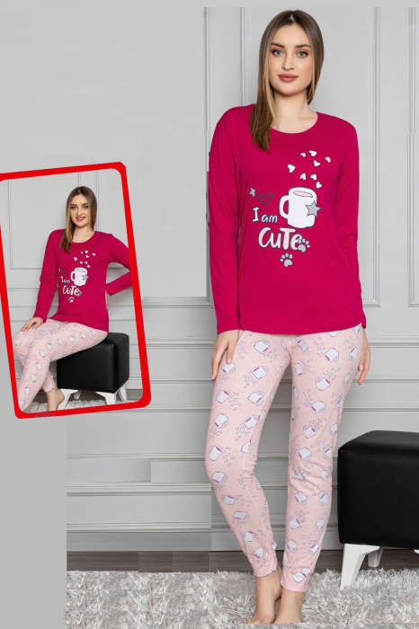 Pijama dama bumbac, confortabila, cu imprimeu Cute, Visiniu [1]