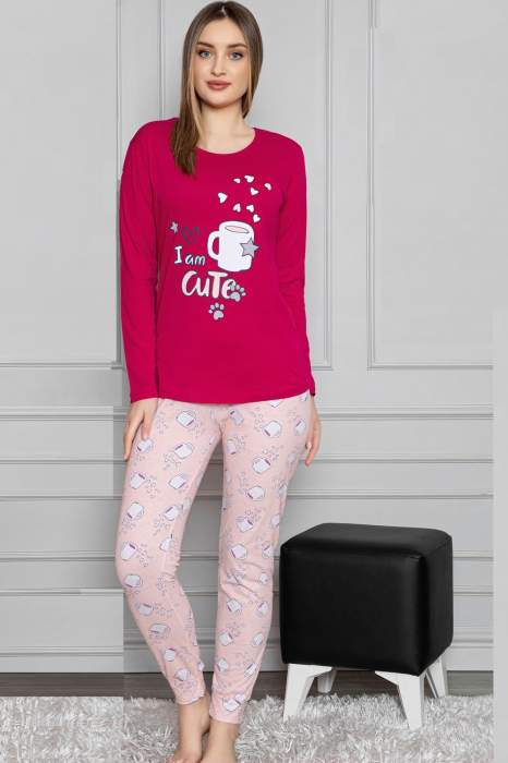 Pijama dama bumbac, confortabila, cu imprimeu Cute, Visiniu [2]