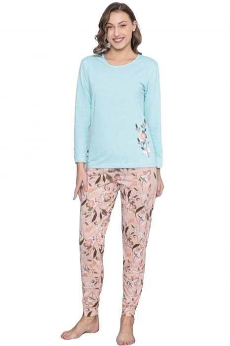 Pijama dama bumbac, confortabila, cu imprimeu floral, corai/albastru embody.ro [3]