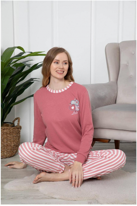 Pijama dama bumbac, imprimeu inimioare, culoare corai 2054embody.ro [2]