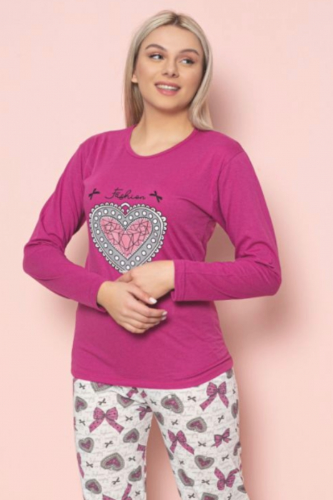 Pijama dama bumbac, confortabila, cu imprimeu inimioara, roz, embody.ro [3]