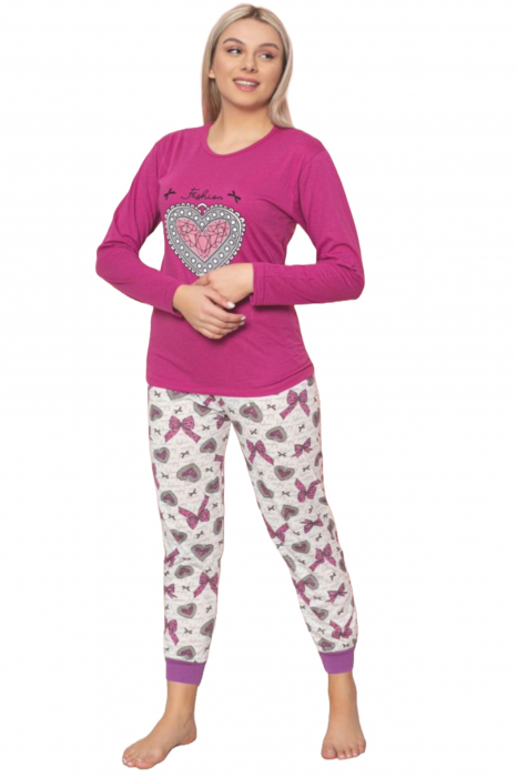 Pijama dama bumbac, confortabila, cu imprimeu inimioara, roz, embody.ro [4]