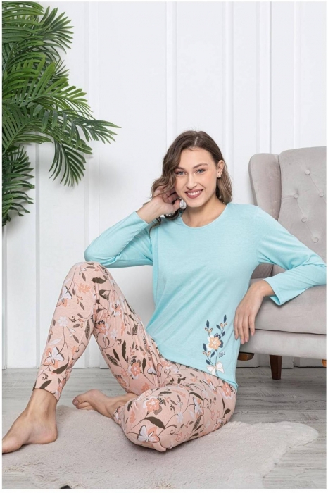 Pijama dama bumbac, confortabila, cu imprimeu floral, corai/albastru embody.ro [2]
