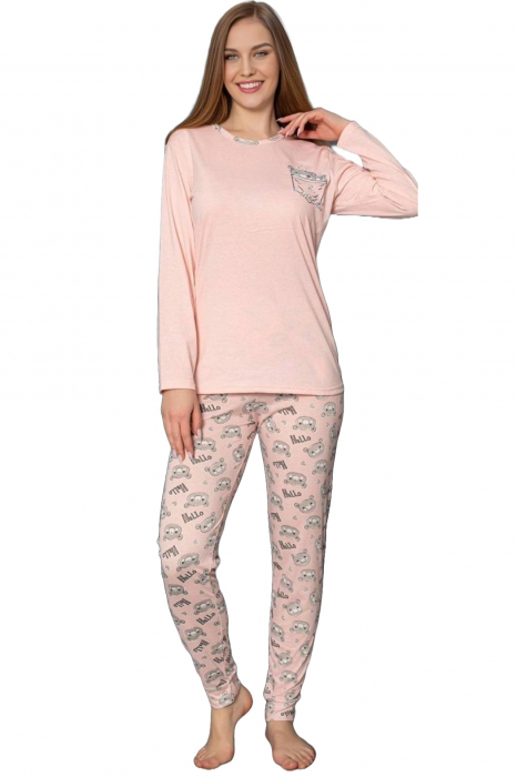 Pijama dama bumbac, confortabila, cu imprimeu hello bear, corai 818, embody.ro [3]