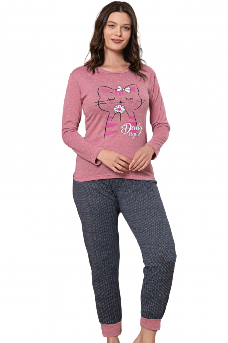 Pijama dama bumbac, confortabila, cu imprimeu pisicuta Daisy, roz, embody.ro [4]