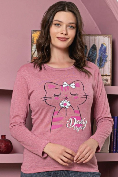 Pijama dama bumbac, confortabila, cu imprimeu pisicuta Daisy, roz, embody.ro [3]