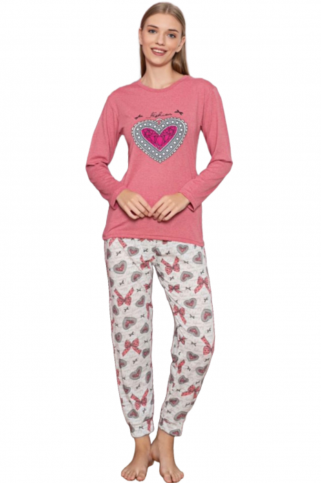 Pijama dama bumbac, confortabila, cu imprimeu inimioara, corai, embody.ro [4]