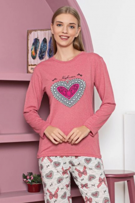 Pijama dama bumbac, confortabila, cu imprimeu inimioara, corai, embody.ro [3]