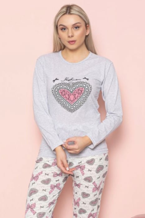 Pijama dama bumbac, confortabila, cu imprimeu inimioara, gri, embody.ro [4]