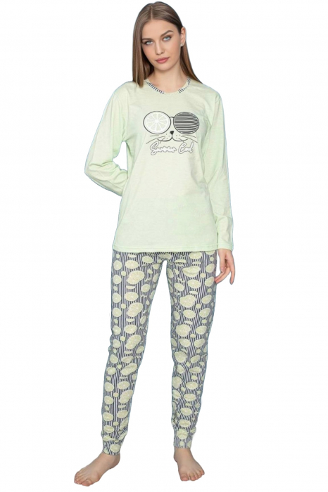 Pijama dama bumbac, confortabila, cu imprimeucool cat, vernil 807, embody.ro [3]