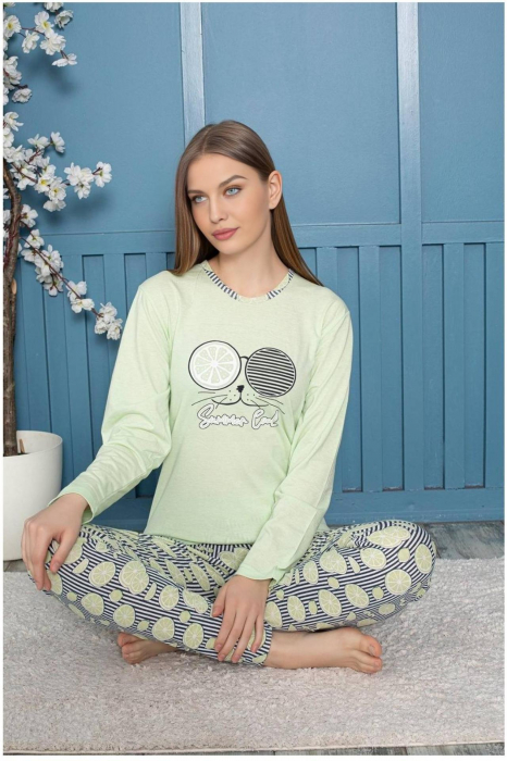 Pijama dama bumbac, confortabila, cu imprimeucool cat, vernil 807, embody.ro [2]