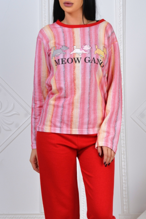 Pijama dama bumbac, confortabila, cu imprimeu Meow Gang rosu [4]