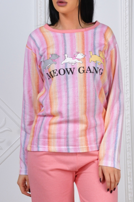Pijama dama bumbac, confortabila, cu imprimeu Meow Gang corai [4]