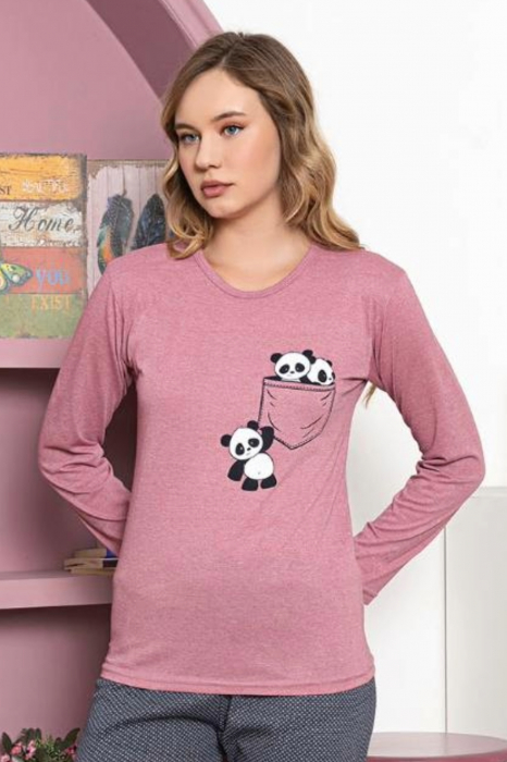Pijama dama bumbac, maneci si pantaloni lungi, imprimeu ursuleti panda, roz, embody.ro [3]