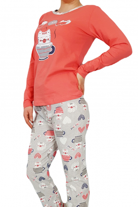 Pijama dama bumbac, confortabila, cu imprimeu Pisicute mewo, Corai [4]