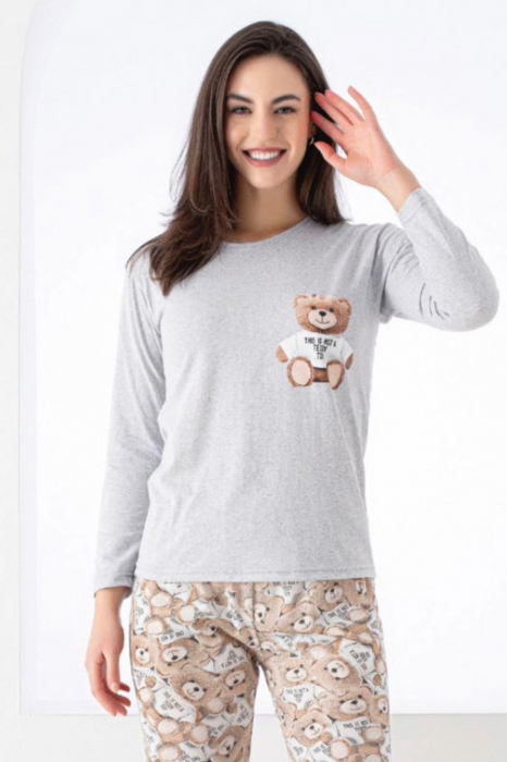 Pijama dama bumbac, confortabila, cu imprimeu Ursulet, gri, embody.ro [3]