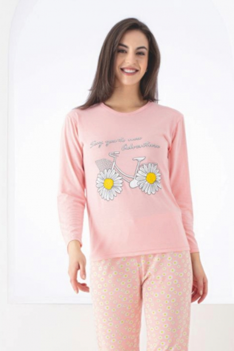 Pijama dama bumbac, confortabila, cu imprimeu bike flowers, corai, embody.ro [4]