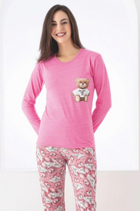 Pijama dama bumbac, confortabila, cu imprimeu Ursulet, roz, embody.ro [3]