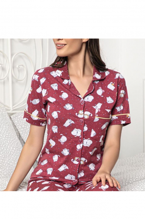 Pijama dama bumbac, confortabila, maneci scurte, imprimeu Pisicute rosu [5]