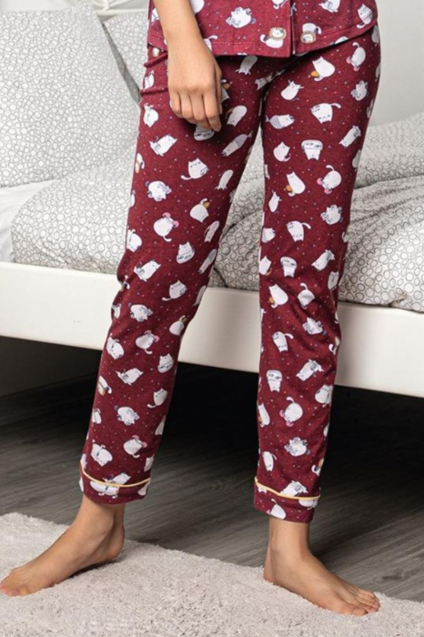 Pijama dama bumbac, confortabila, maneci scurte, imprimeu Pisicute rosu [3]