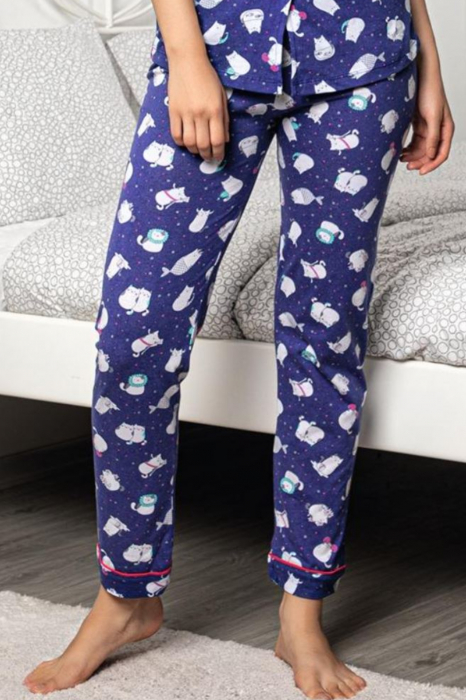 Pijama dama bumbac, confortabila, maneci scurte, imprimeu Pisicute albastru [4]