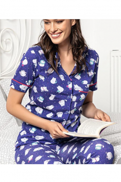 Pijama dama bumbac, confortabila, maneci scurte, imprimeu Pisicute albastru [5]