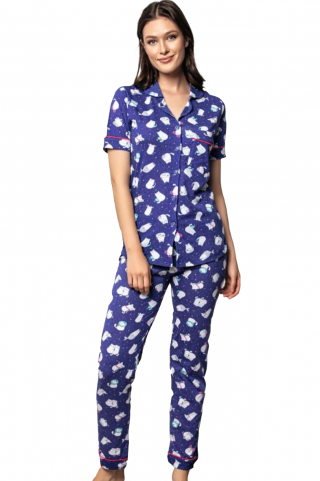 Pijama dama bumbac, confortabila, maneci scurte, imprimeu Pisicute albastru [6]