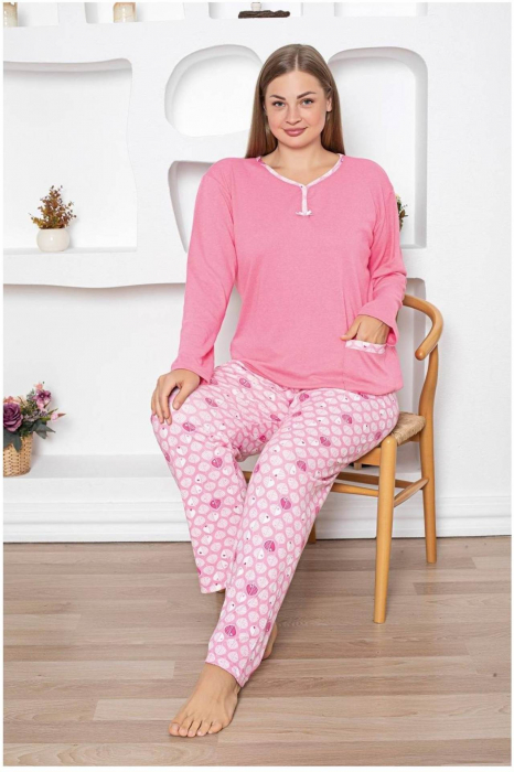 Pijama dama bumbac, batal marime mare, cu buzunar, roz 2031, embody.ro [2]
