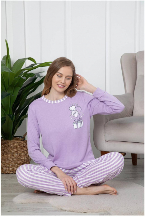 Pijama dama bumbac, imprimeu cadou cu baloane, mov 2055, embody.ro [2]