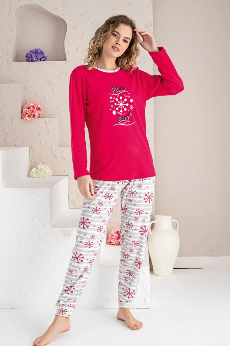Pijama dama bumbac, imprimeu Craciun fulg de nea, rosu, embody.ro [2]