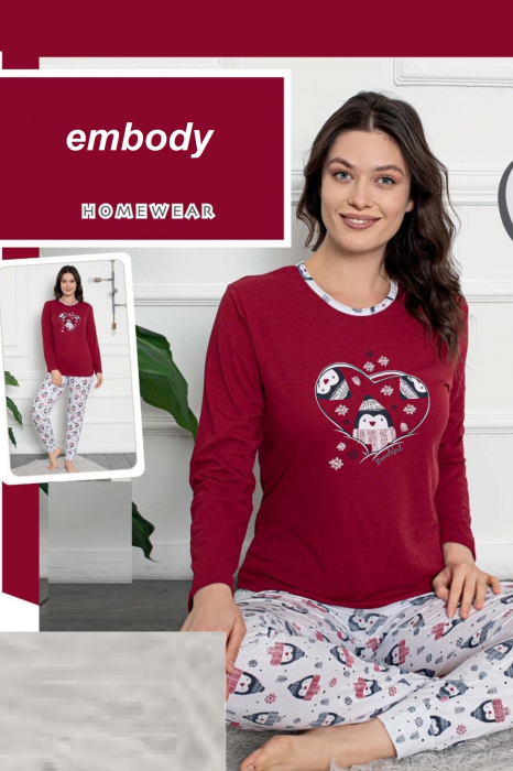 Pijama dama bumbac, imprimeu Craciun pinguini, rosu, embody.ro [3]
