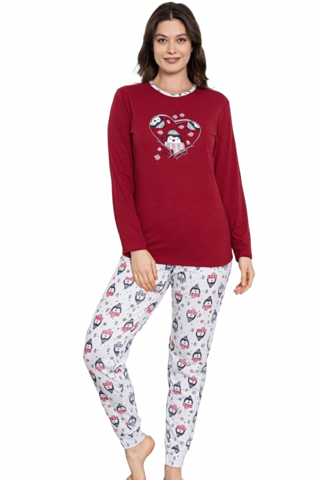 Pijama dama bumbac, imprimeu Craciun pinguini, rosu, embody.ro [4]