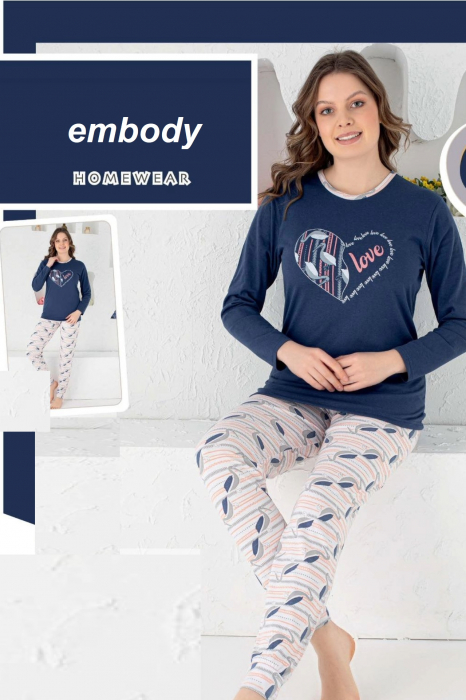 Pijama dama bumbac, imprimeu Love, bleumarin, embody.ro [3]