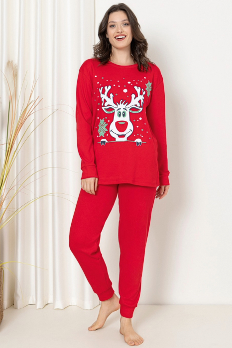 Pijama dama bumbac, imprimeu Craciun ren, rosu, embody.ro [2]