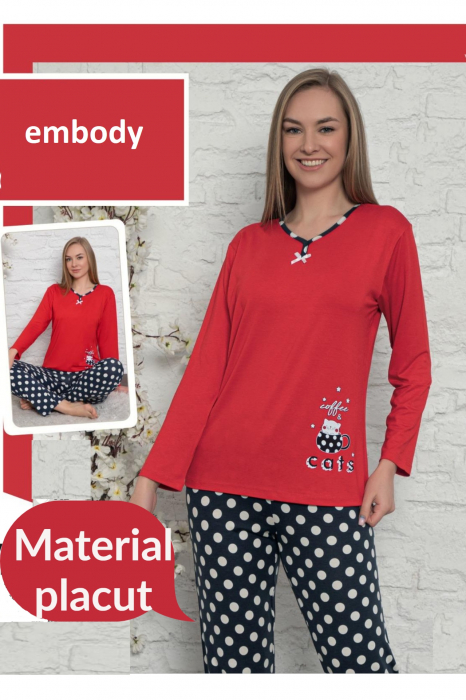 Pijama dama bumbac, imprimeu pisicuta Coffe, rosu [3]