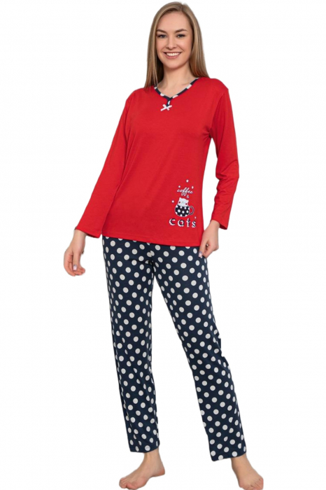 Pijama dama bumbac, imprimeu pisicuta Coffe, rosu [5]