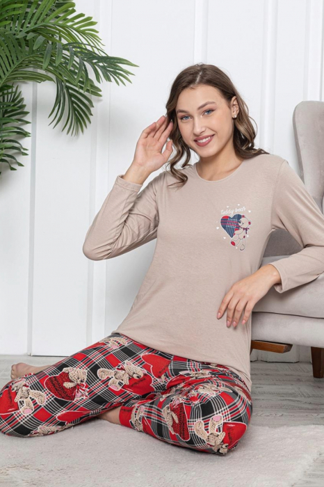 Pijama dama bumbac, imprimeu ursulet cu inimioare, bej, embody.ro [2]