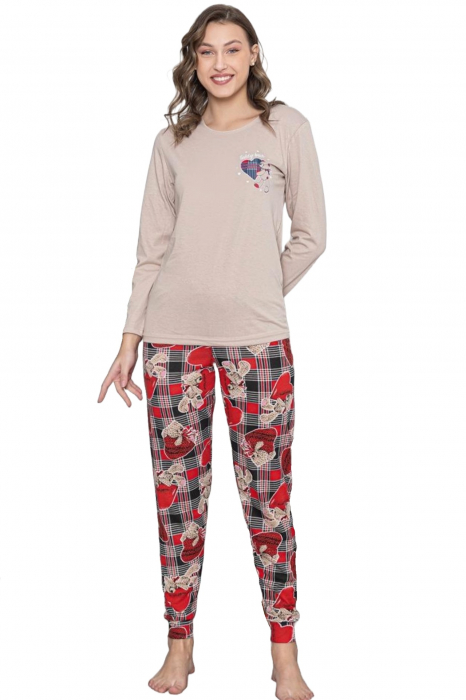 Pijama dama bumbac, imprimeu ursulet cu inimioare, bej, embody.ro [5]