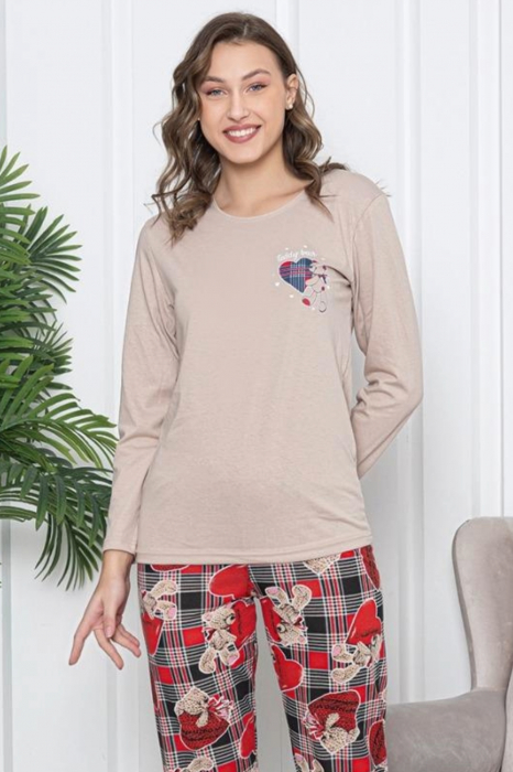 Pijama dama bumbac, imprimeu ursulet cu inimioare, bej, embody.ro [4]