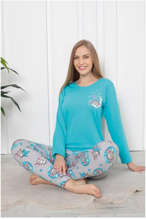 Pijama dama bumbac, imprimeu ursulet si luna, albastru 110, embody.ro [2]