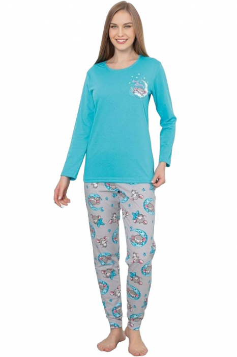 Pijama dama bumbac, imprimeu ursulet si luna, albastru 110, embody.ro [3]