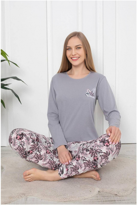 Pijama dama bumbac, imprimeu modern, gri 109, embody.ro [2]