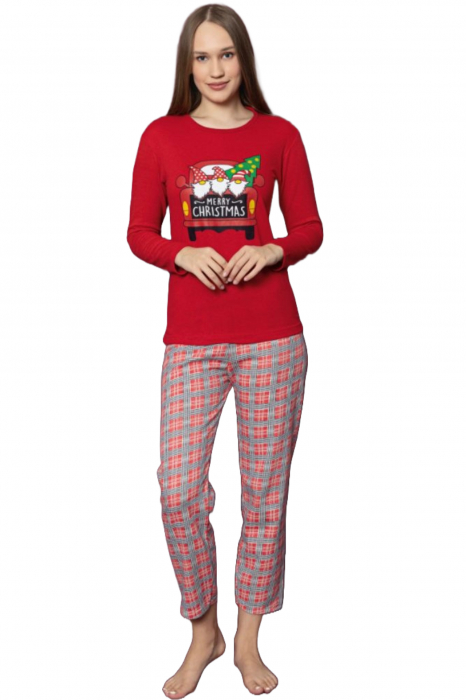 Pijama dama bumbac vatuit cu imprimeu de Craciun, Merry Christmas, rosu, embody.ro [5]