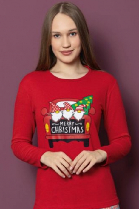 Pijama dama bumbac vatuit cu imprimeu de Craciun, Merry Christmas, rosu, embody.ro [4]