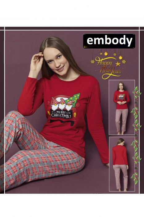 Pijama dama bumbac vatuit cu imprimeu de Craciun, Merry Christmas, rosu, embody.ro [2]