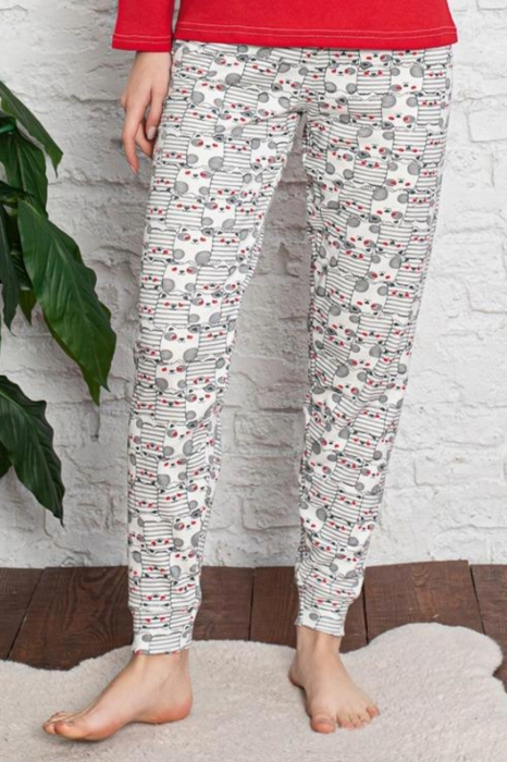Pijama dama bumbac, maneci si pantaloni lungi, imprimeu Cute Cats, rosu, embody.ro [3]