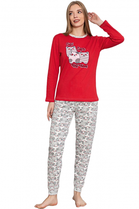 Pijama dama bumbac, maneci si pantaloni lungi, imprimeu Cute Cats, rosu, embody.ro [5]